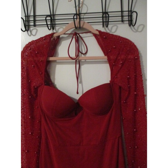 Oh Polly Womens Sz 6 Red Beaded Embellished Side Split Maxi Bodycon Dress Gown - Picture 6 of 9